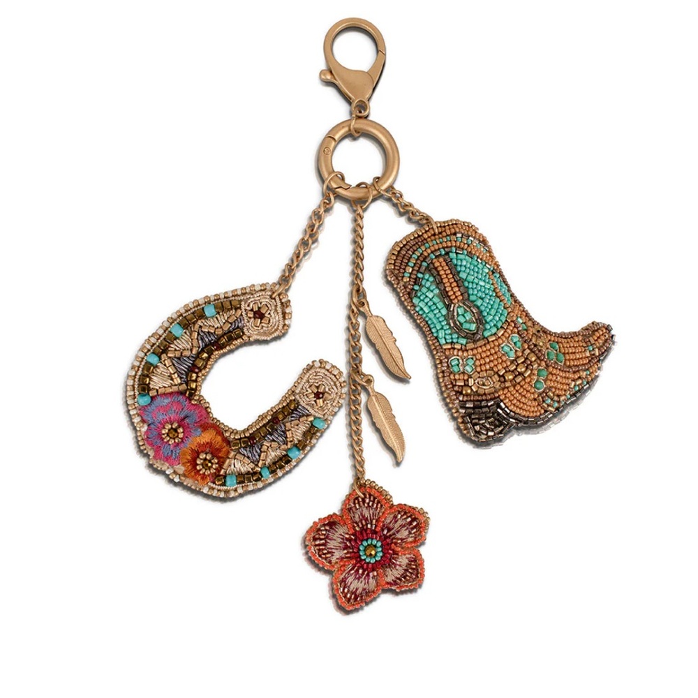 Mary Frances Beaded Turquoise & Gold Cowboy Boot Keychain Charm - Picture 2 of 4